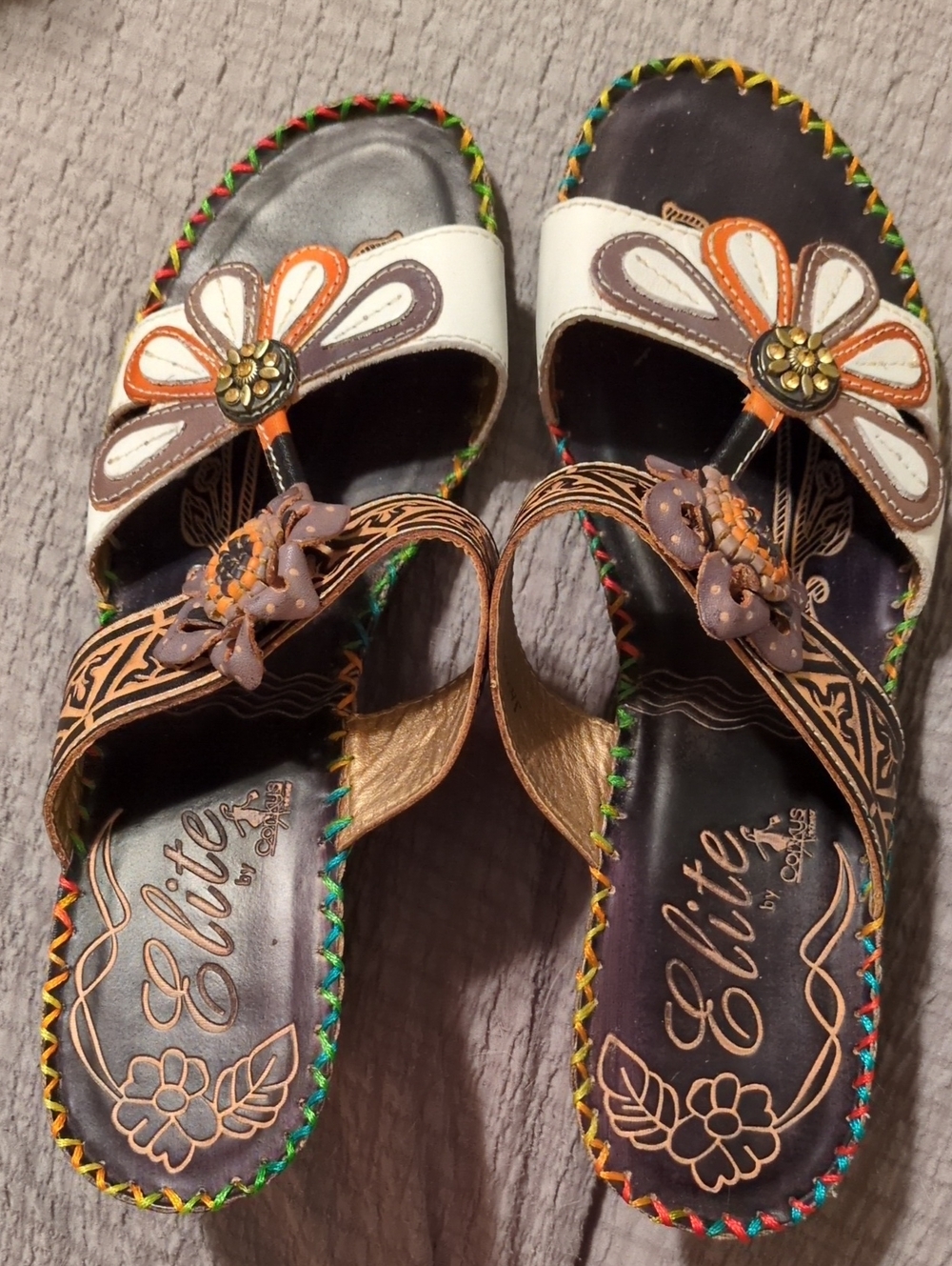 Elite by Corkys Leather Floral Slide Sandals Boho Wedge Sz 11